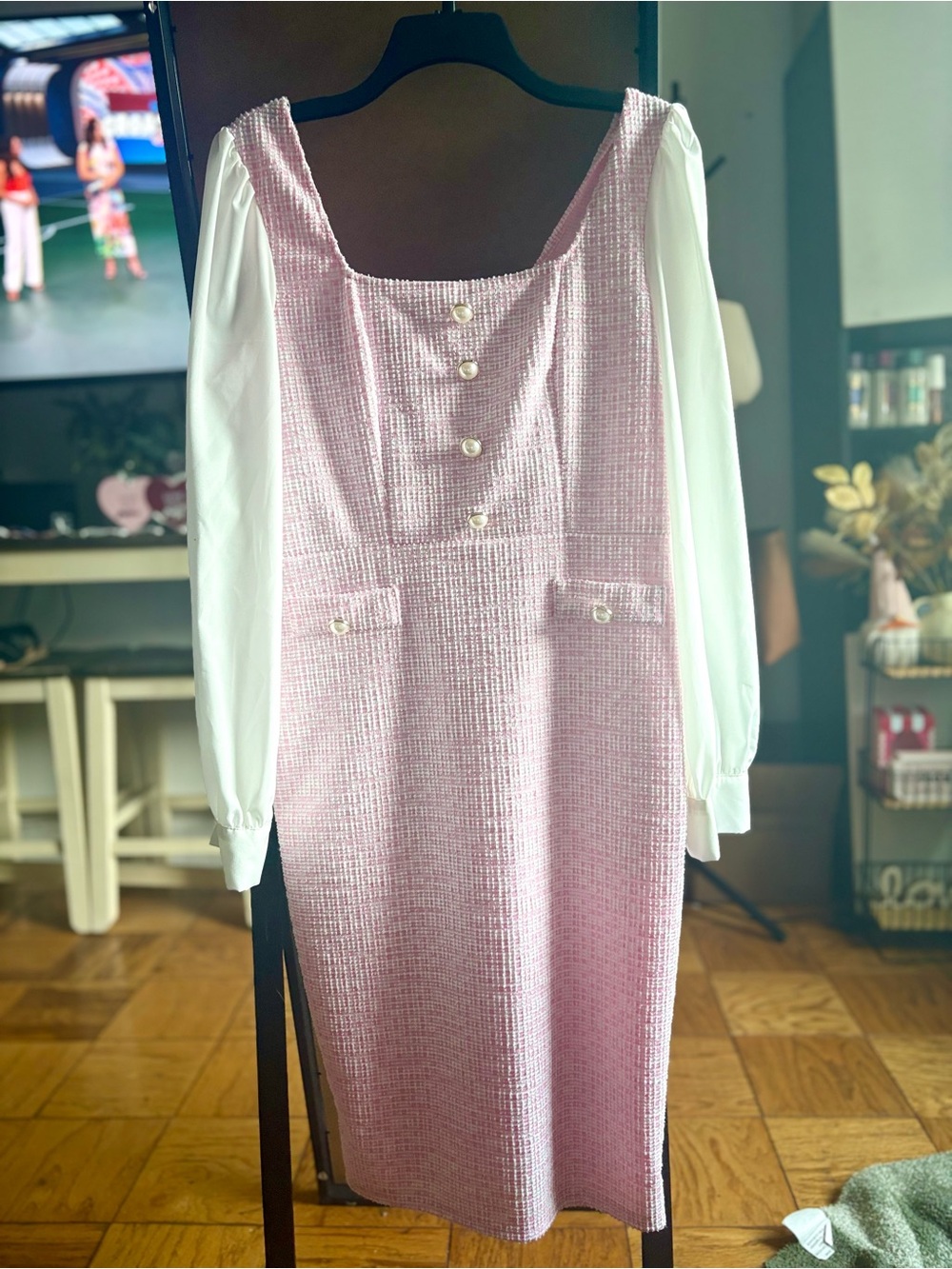 SHEIN Pink Tweed Pinafore Dress with White Puff Sleeves